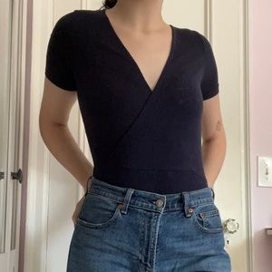 Navy Blue Wrap Front Short Sleeve Bodysuit!